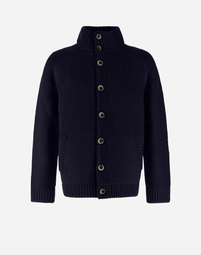 Herno RESORT BOMBER JACKET IN INFINITY WOOL Navy Blue Men Knitwear