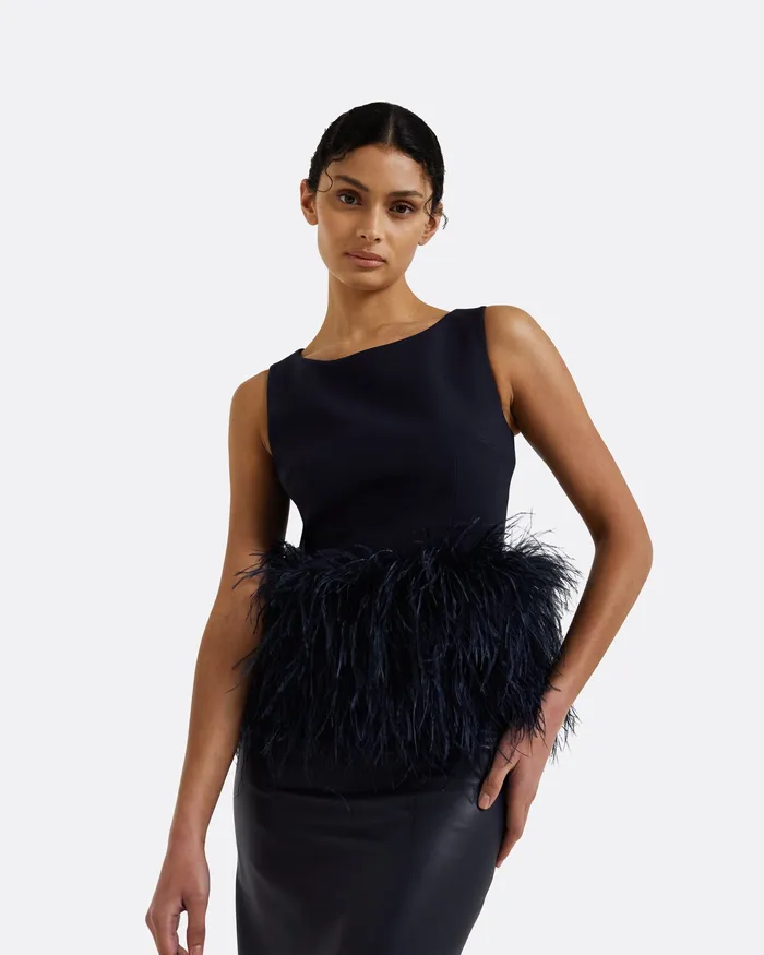 Icons Women Safiyaa Tessa Midnight Navy FeatherTrimmed Top Midnight Navy