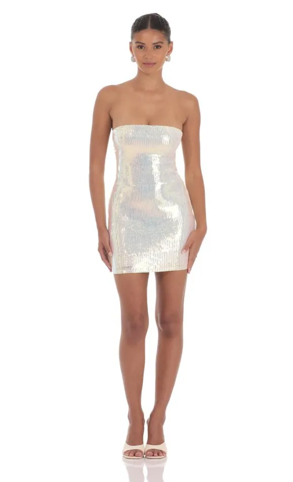 Iridescent Seqiun Strapless Bodycon Dress Cream Women LUCY IN THE SKY Mini Dresses Iridescent Seqiun Strapless Bodycon Dress Cream Women LUCY IN THE SKY Mini Dresses