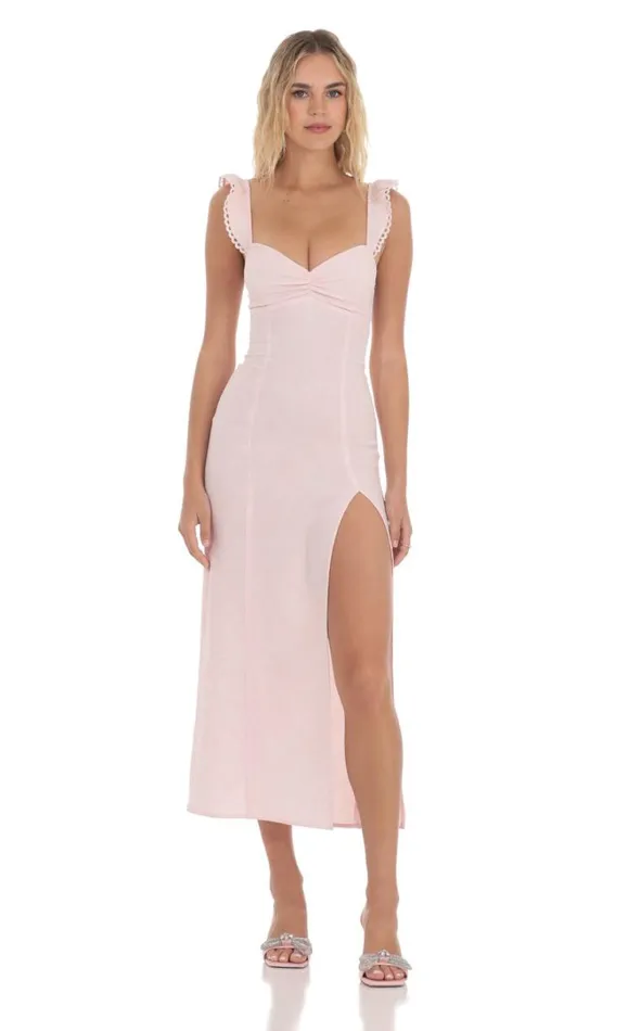 Jacquard Embroidered Strap Midi Dress Pink Women LUCY IN THE SKY Midi Dresses