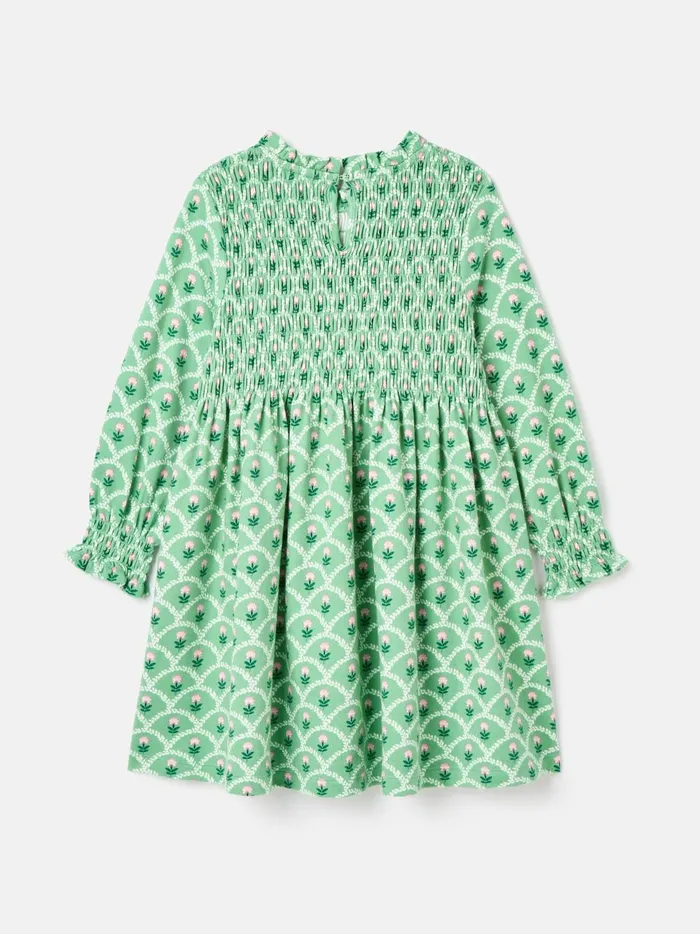 Joules Dresses Girls Green Cotton Shirred Floral Dress