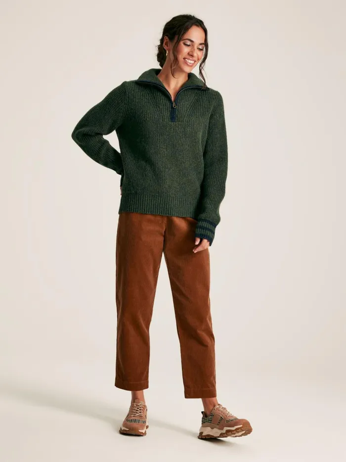 Joules Knitwear Women Dark Green Quarter Zip Rib Knit Jumper