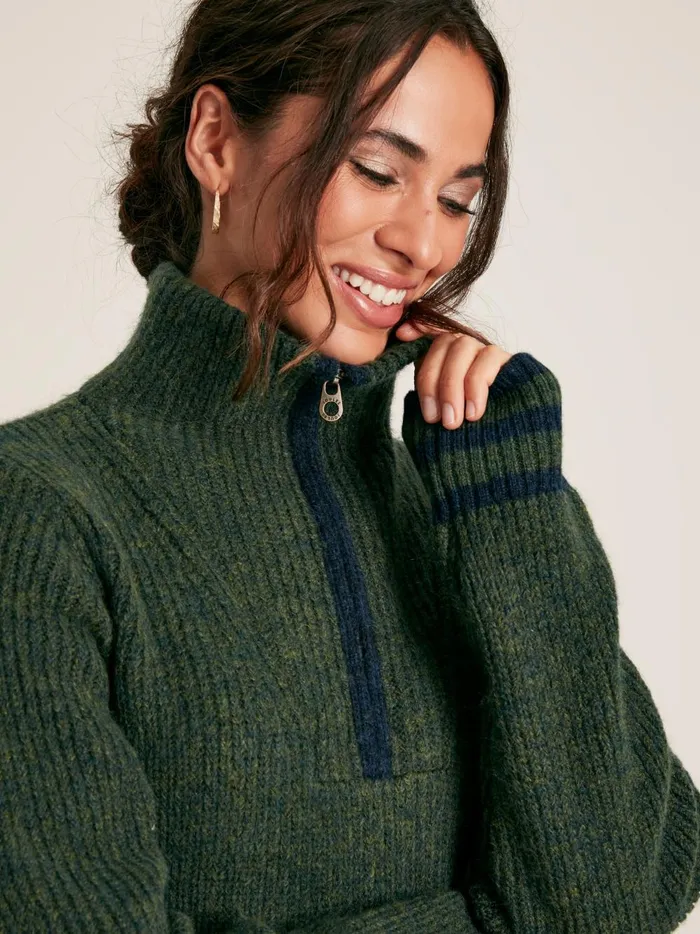 Joules Knitwear Women Dark Green Quarter Zip Rib Knit Jumper