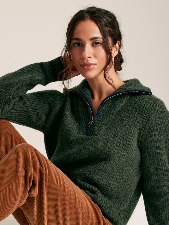 Joules Knitwear Women Dark Green Quarter Zip Rib Knit Jumper