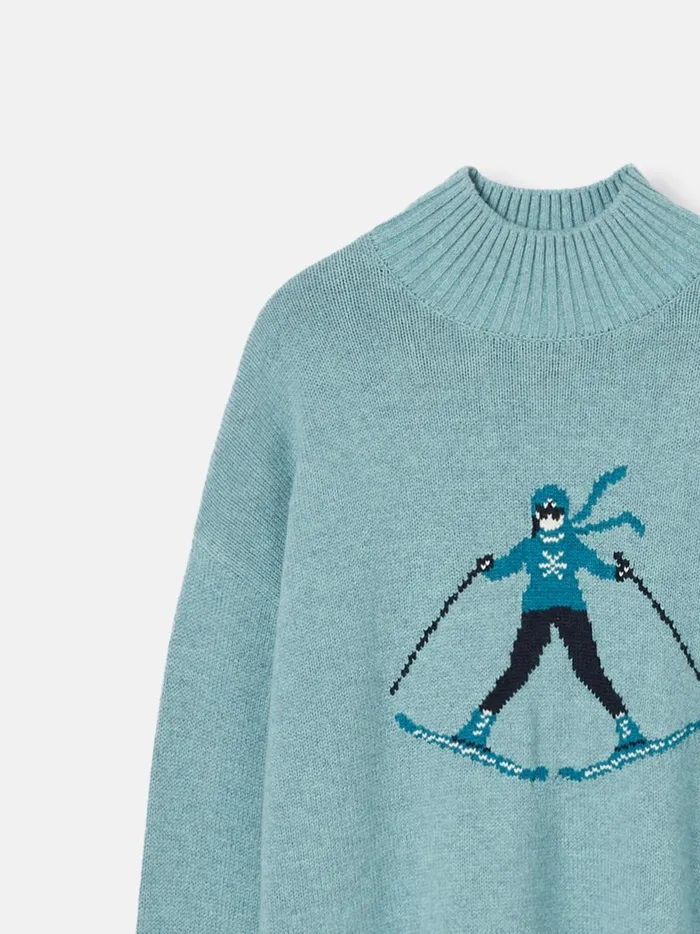 Joules Knitwear Women Light Blue High Neck Intarsia Ski Jumper