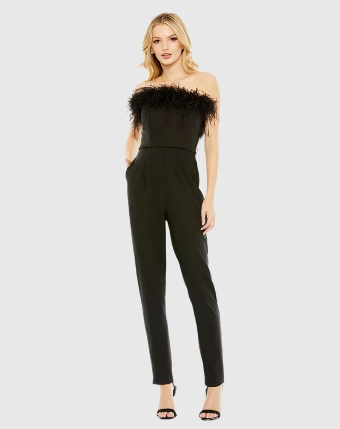 Jumpsuits and Rompers Black Strapless Jumpsuit with Feather Trim 8211 FINAL SALE Black 8211 Mac Duggal Women