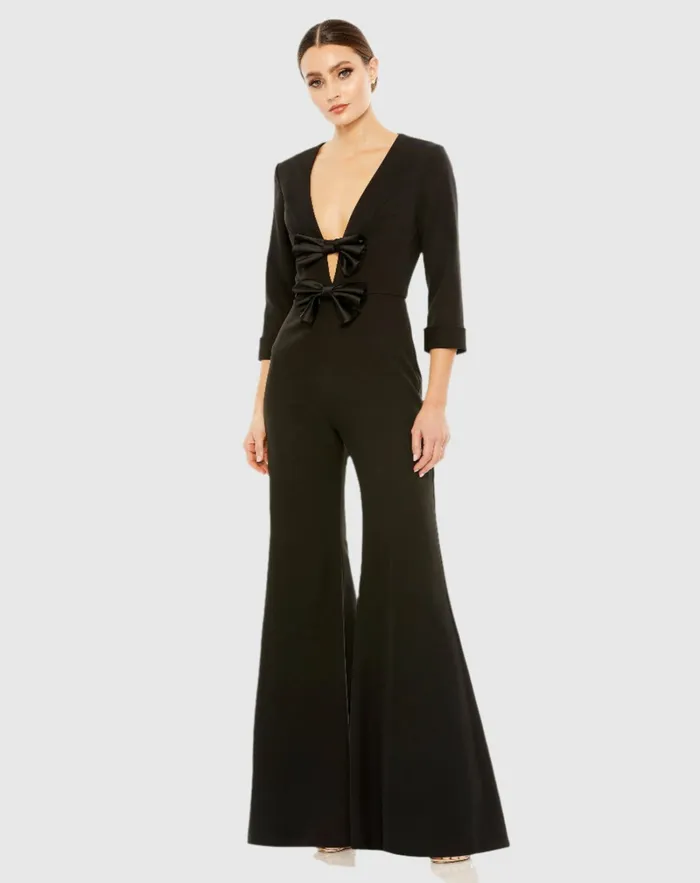 Jumpsuits and Rompers Long Sleeve Bow Detail Wide Leg Jumpsuit Black Mac Duggal Women