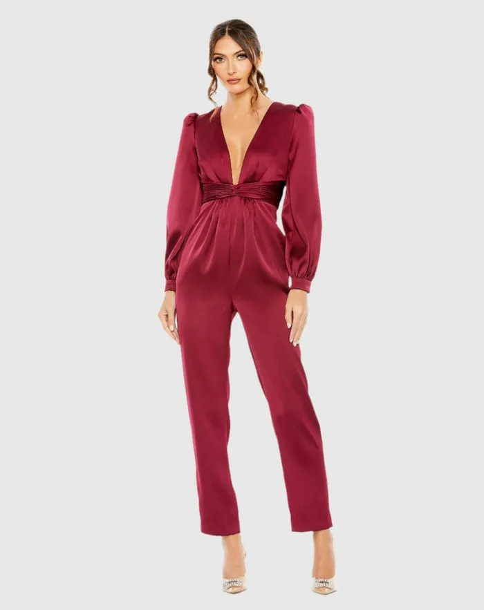 Jumpsuits and Rompers Red Front Twist Puff Sleeve Deep V Jumpsuit Ruby 8211 Mac Duggal Women