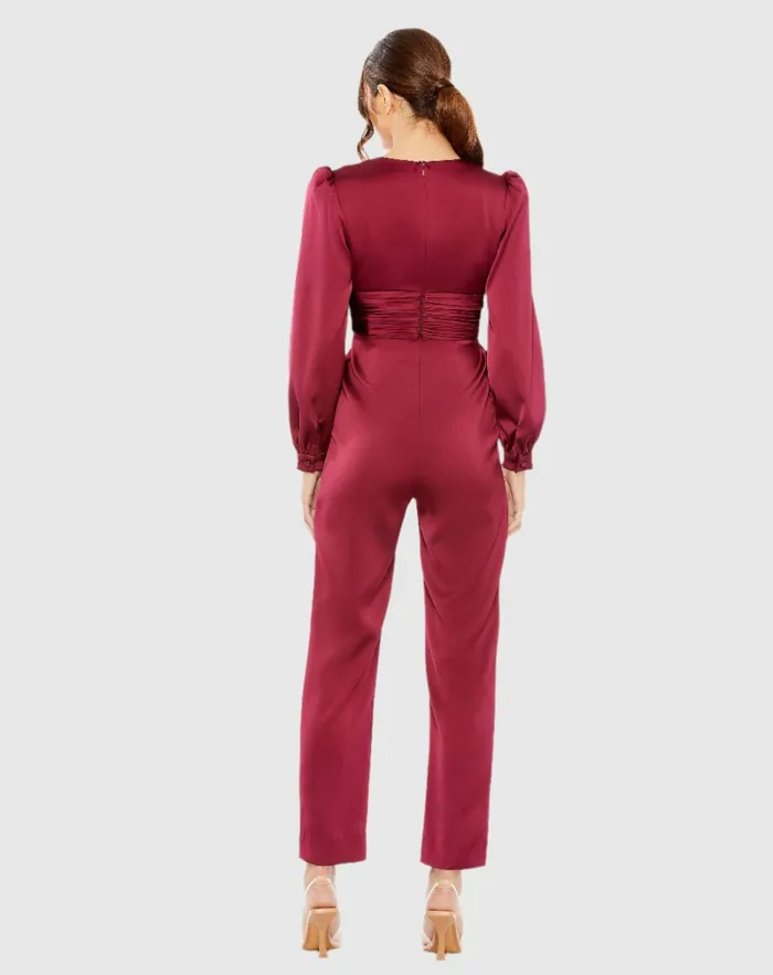 Jumpsuits and Rompers Red Front Twist Puff Sleeve Deep V Jumpsuit Ruby 8211 Mac Duggal Women