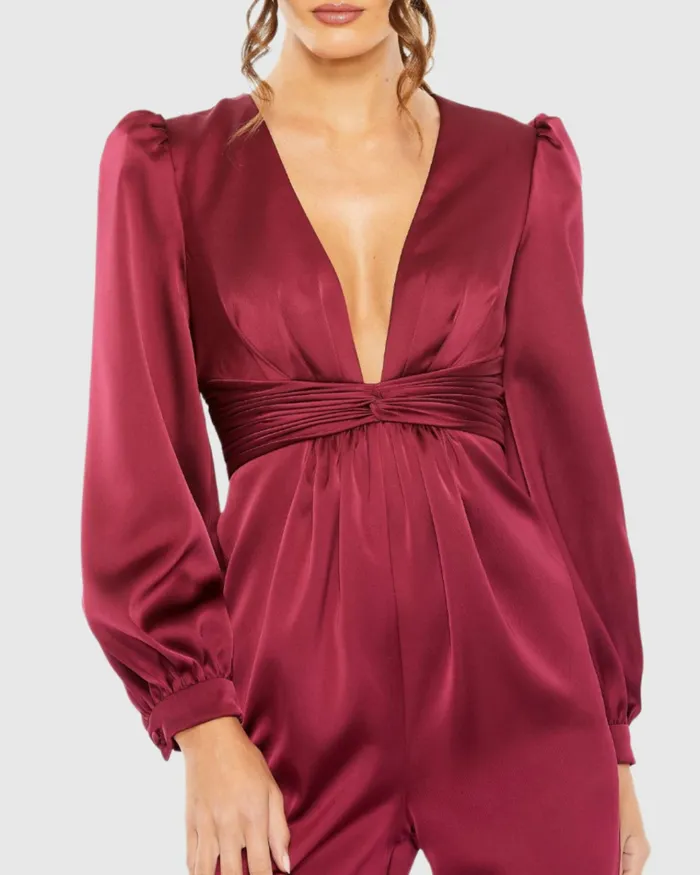 Jumpsuits and Rompers Red Front Twist Puff Sleeve Deep V Jumpsuit Ruby 8211 Mac Duggal Women