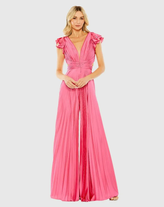 Jumpsuits and Rompers Women Mac Duggal Pink Ruffle Cap Sleeve Cutout Heat Pleated Jumpsuit Candy Pink