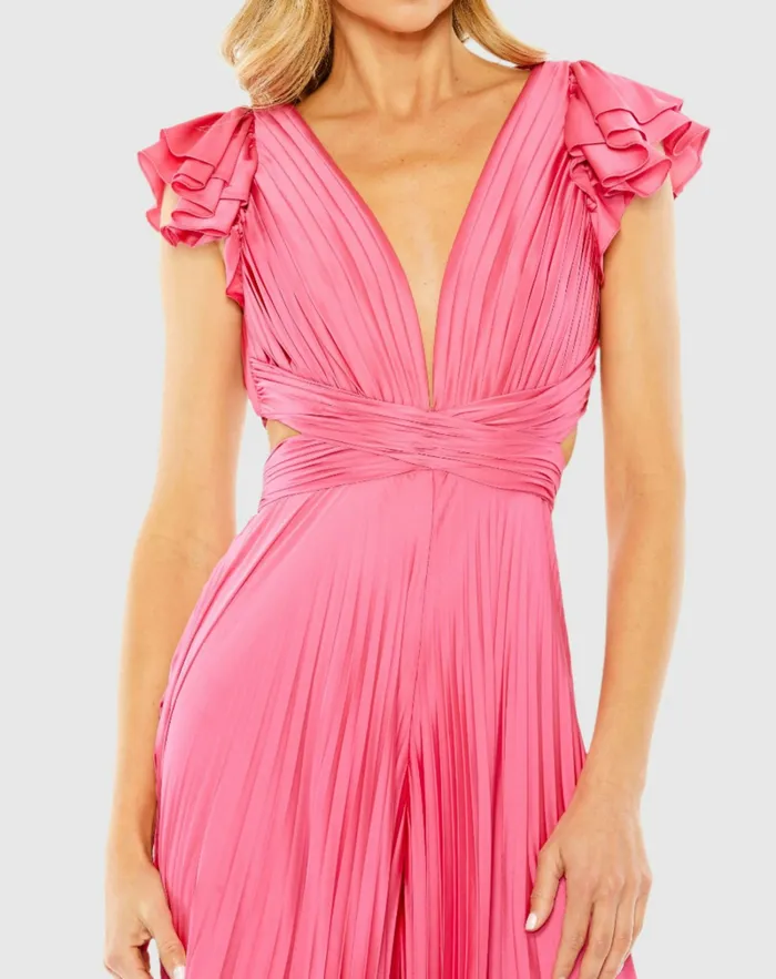Jumpsuits and Rompers Women Mac Duggal Pink Ruffle Cap Sleeve Cutout Heat Pleated Jumpsuit Candy Pink