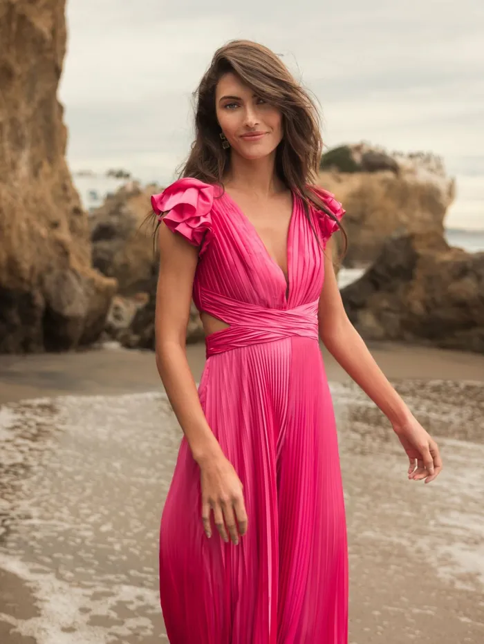 Jumpsuits and Rompers Women Mac Duggal Pink Ruffle Cap Sleeve Cutout Heat Pleated Jumpsuit Candy Pink