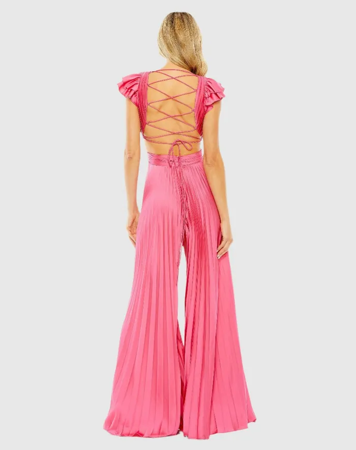 Jumpsuits and Rompers Women Mac Duggal Pink Ruffle Cap Sleeve Cutout Heat Pleated Jumpsuit Candy Pink