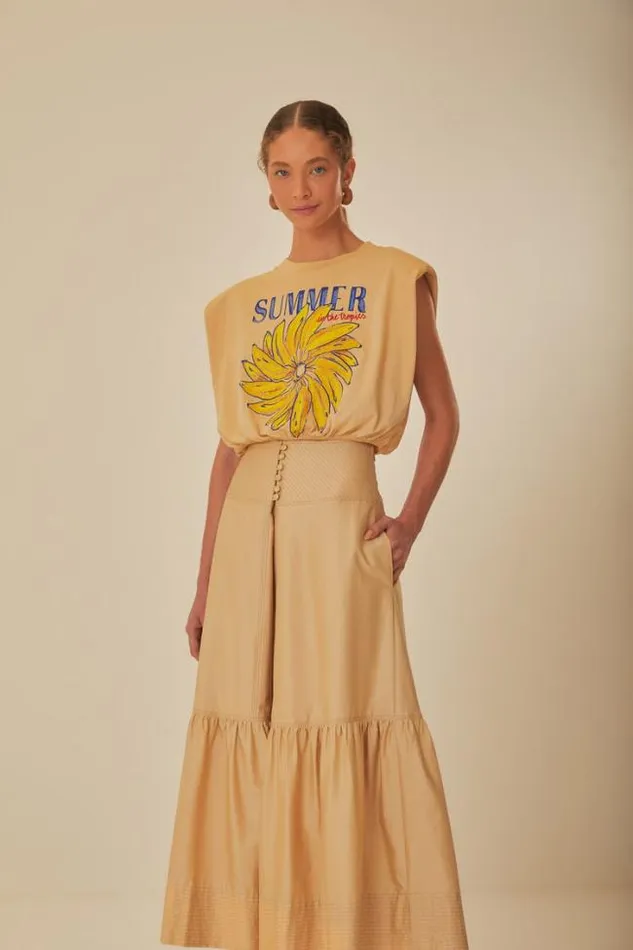 Khaki Topstitching Yoke Organic Cotton Maxi Skirt Women FARM Rio Skirts