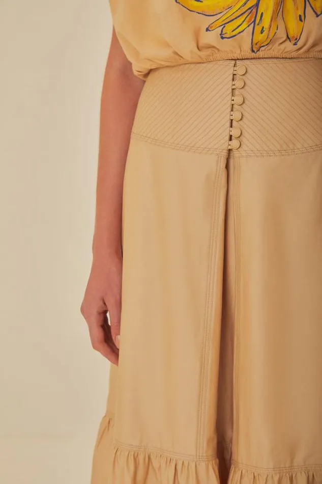 Khaki Topstitching Yoke Organic Cotton Maxi Skirt Women FARM Rio Skirts