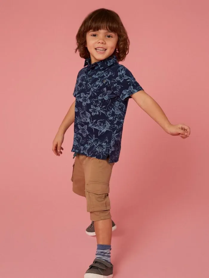 Kids TOPS White Stuff Palm Printed Polo Navy Print Kids TOPS White Stuff Palm Printed Polo Navy Print