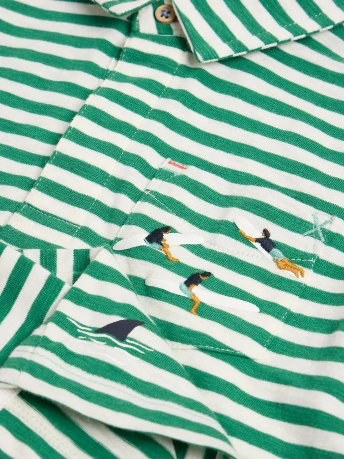 Kids TOPS White Stuff Surfers Stripe SS Polo Mid Green
