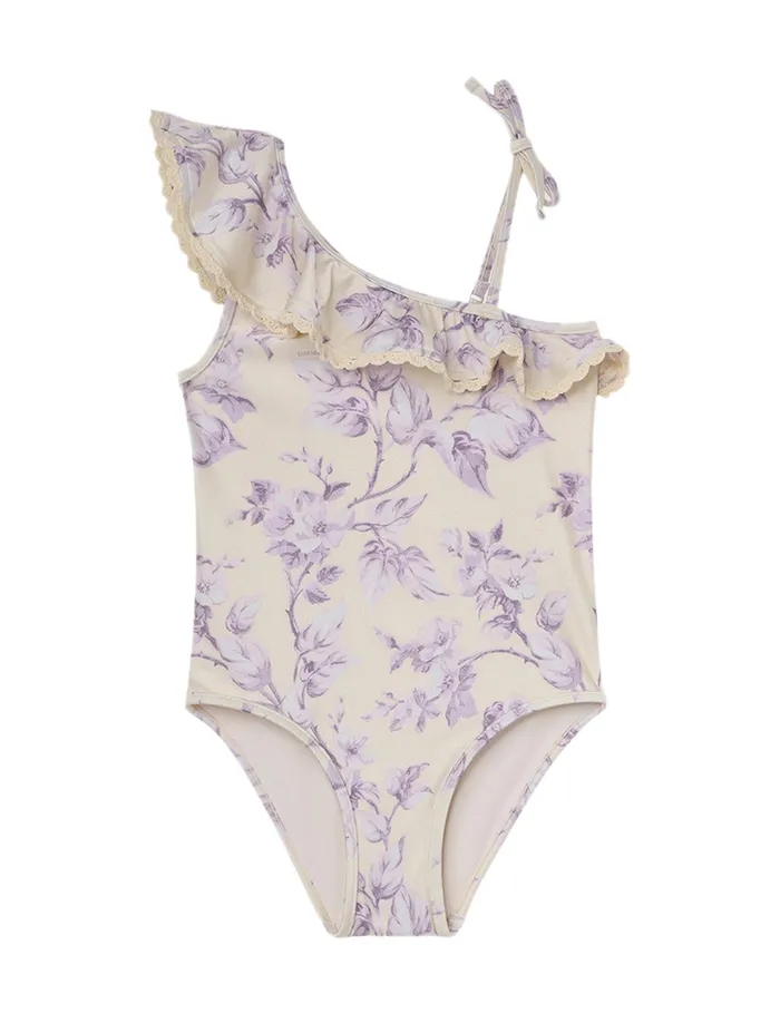 Kids Zimmermann Swimwear Halliday Trim Frill 1pc Yellowlilac Floral
