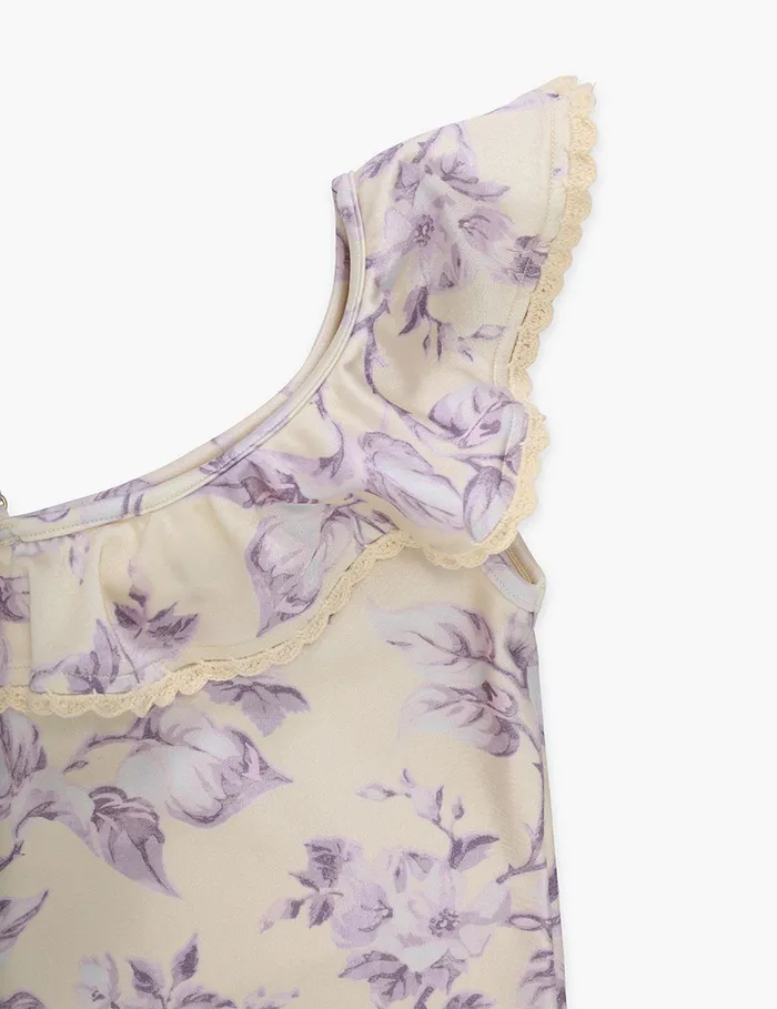 Kids Zimmermann Swimwear Halliday Trim Frill 1pc Yellowlilac Floral