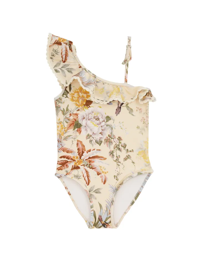 Kids Zimmermann Swimwear Tallow One Shoulder 1pc Cream Multi Floral