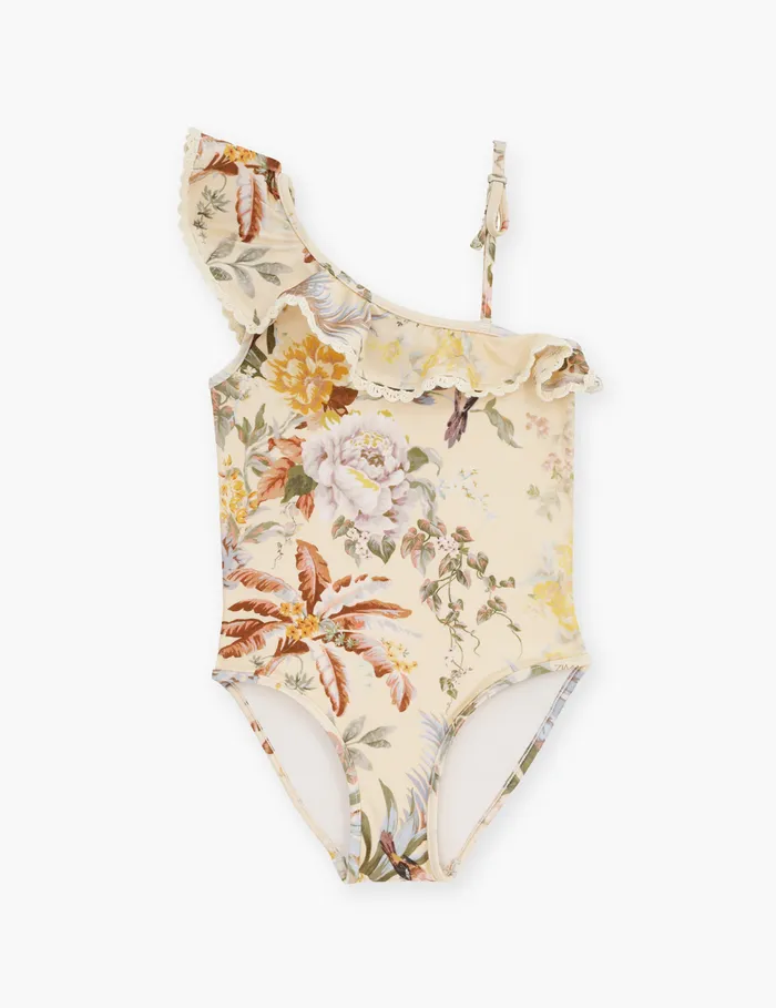 Kids Zimmermann Swimwear Tallow One Shoulder 1pc Cream Multi Floral