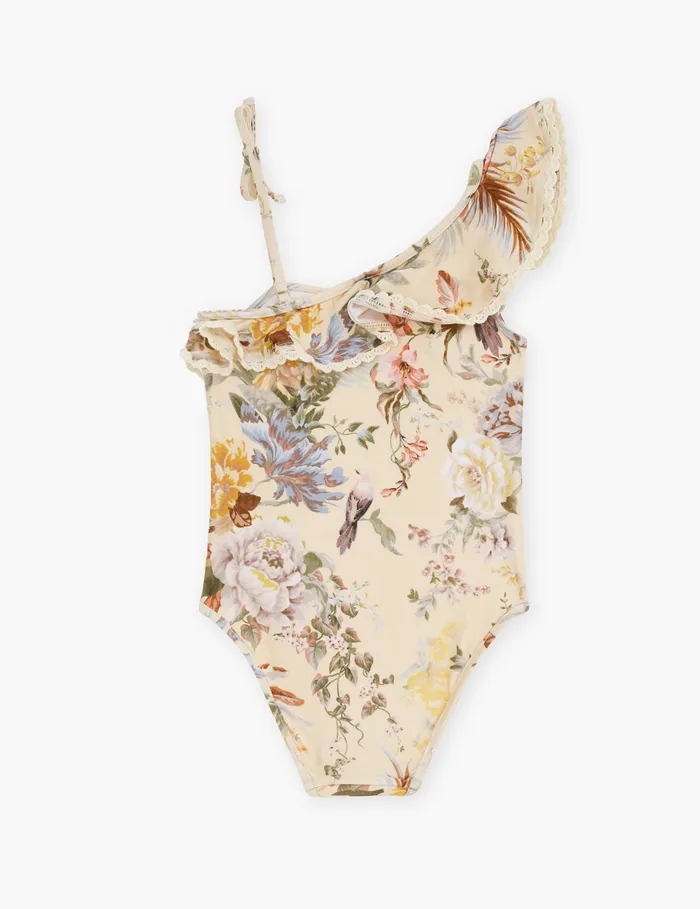 Kids Zimmermann Swimwear Tallow One Shoulder 1pc Cream Multi Floral