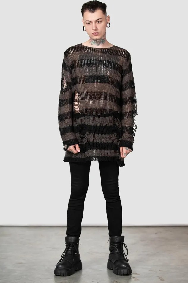 Killstar Knitwear Men Ash Distress Knit Sweater B