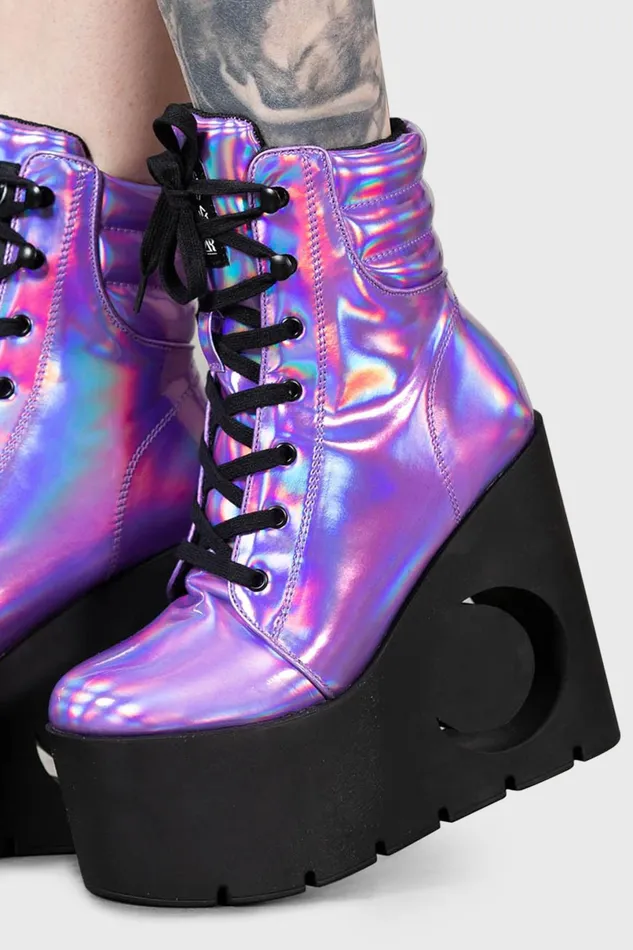 Killstar Platforms Women Diana Crescent Wedge Boots PURPLE HOLOGRAPHIC