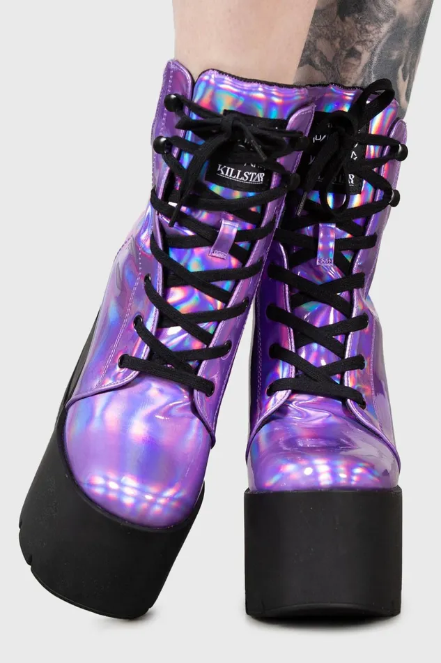 Killstar Platforms Women Diana Crescent Wedge Boots PURPLE HOLOGRAPHIC