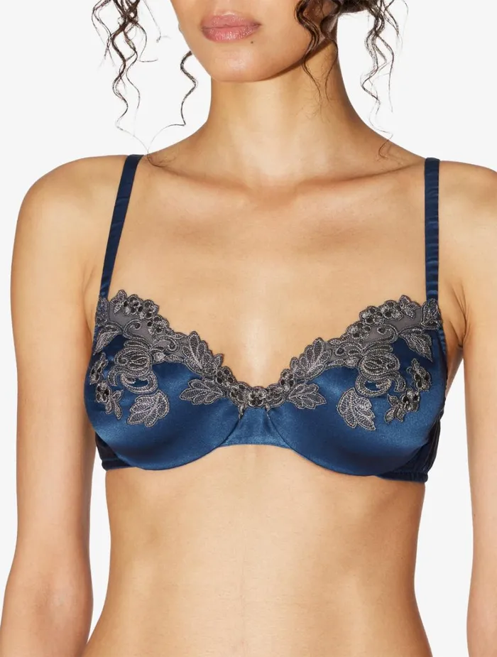 La Perla Luxury Silk Underwire Bra In Dark Blue With Frastaglio Women Underwired