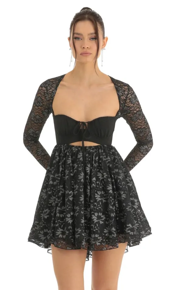 Lace Long Sleeve Baby Doll Dress Black Women LUCY IN THE SKY Mini Dresses Lace Long Sleeve Baby Doll Dress Black Women LUCY IN THE SKY Mini Dresses
