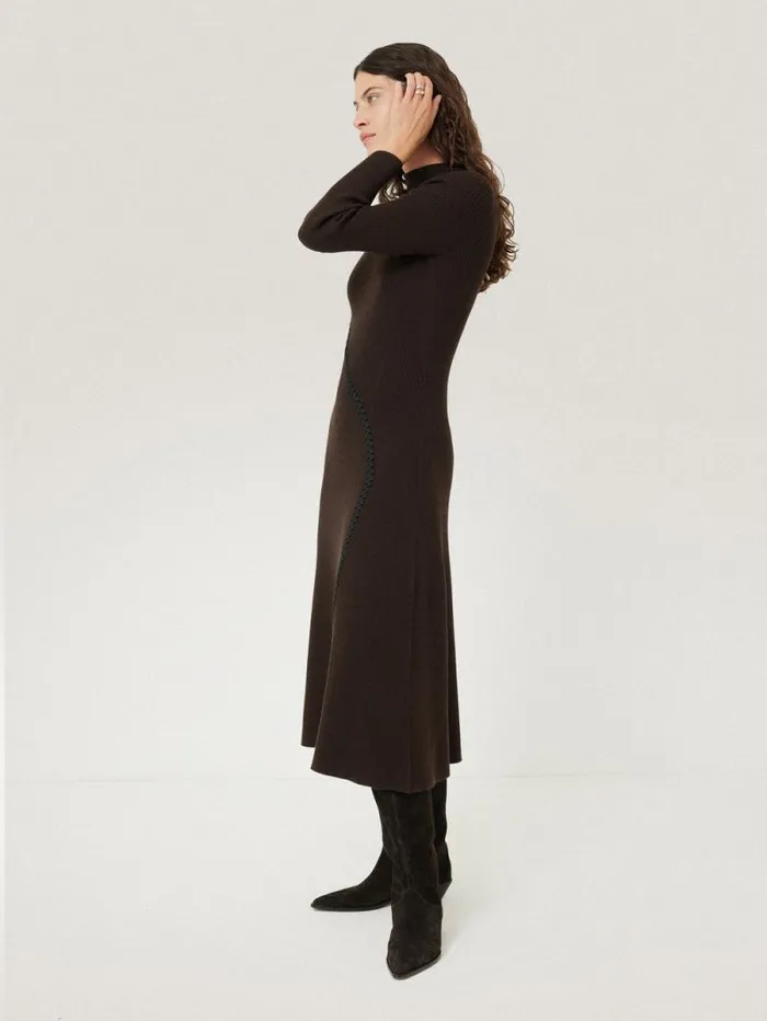 Lattice Trim Knitted Dress Brown Women Jigsaw Knitwear and Cashmere