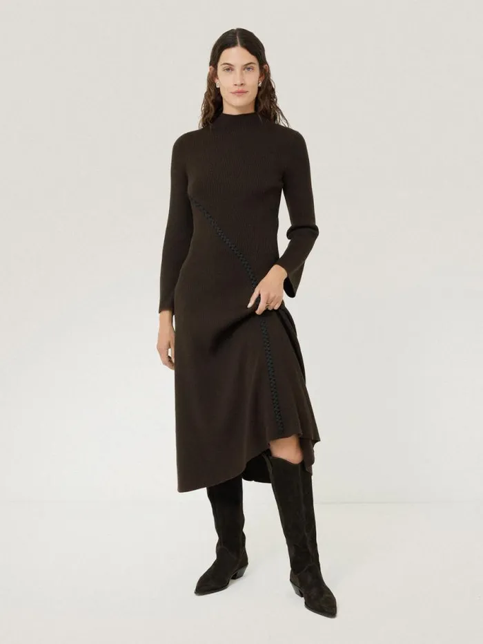 Lattice Trim Knitted Dress Brown Women Jigsaw Knitwear and Cashmere