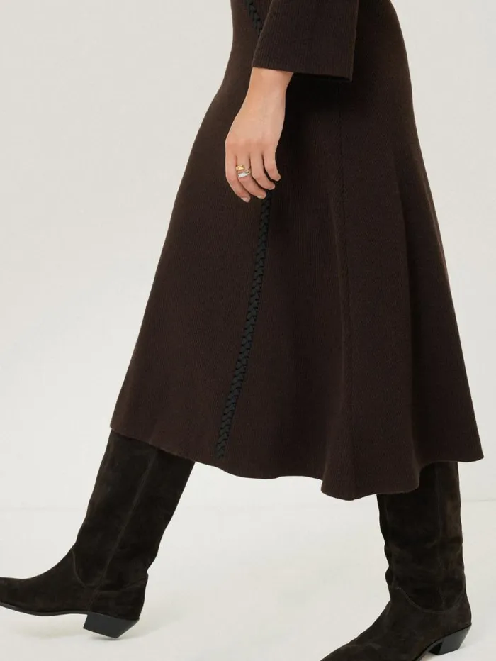 Lattice Trim Knitted Dress Brown Women Jigsaw Knitwear and Cashmere