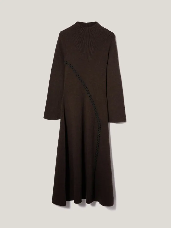 Lattice Trim Knitted Dress Brown Women Jigsaw Knitwear and Cashmere
