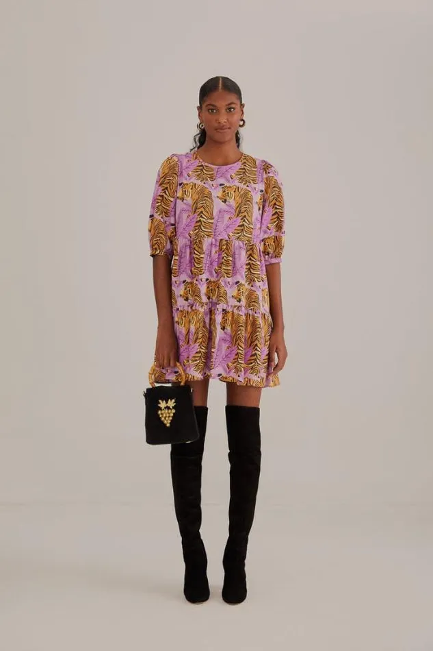 Lavender Tiger Leaves Puff Sleeve Mini Dress Women FARM Rio Mini Dresses