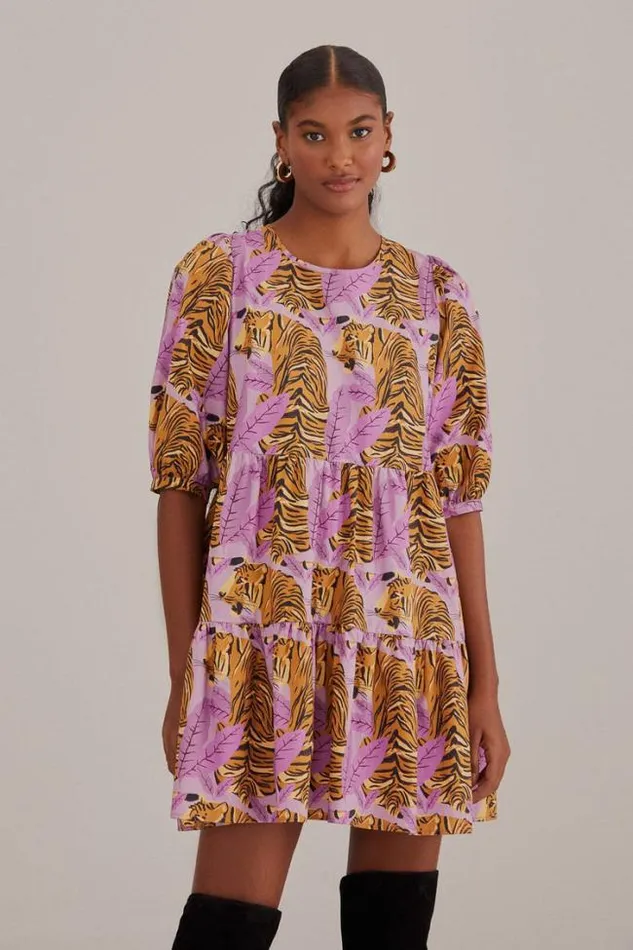 Lavender Tiger Leaves Puff Sleeve Mini Dress Women FARM Rio Mini Dresses