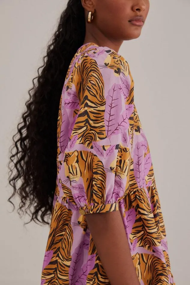Lavender Tiger Leaves Puff Sleeve Mini Dress Women FARM Rio Mini Dresses