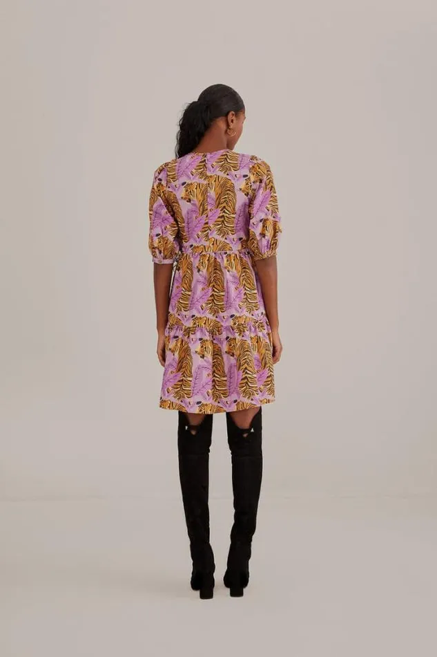 Lavender Tiger Leaves Puff Sleeve Mini Dress Women FARM Rio Mini Dresses