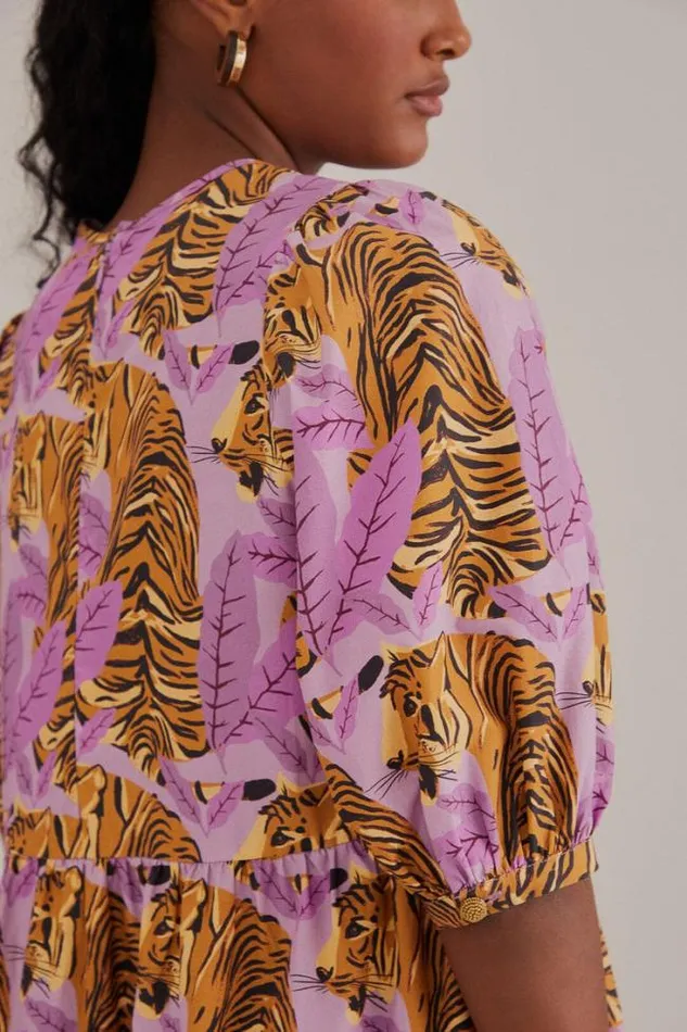 Lavender Tiger Leaves Puff Sleeve Mini Dress Women FARM Rio Mini Dresses