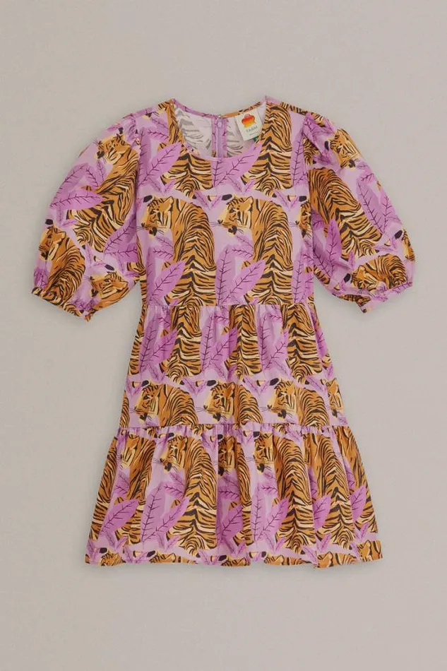 Lavender Tiger Leaves Puff Sleeve Mini Dress Women FARM Rio Mini Dresses