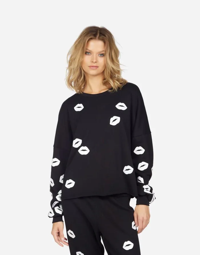 Lee White Foil Scattered Lips Black Women Lauren Moshi Long Sleeve
