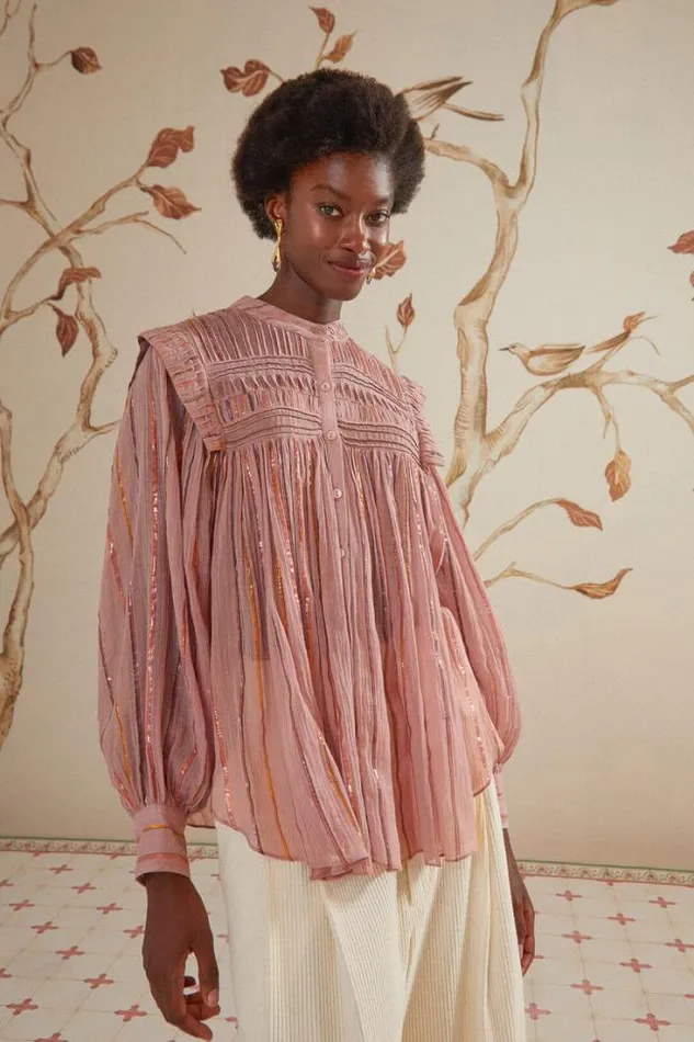 Light Pink Pleated Yoke Long Sleeve Blouse Women FARM Rio Blouses