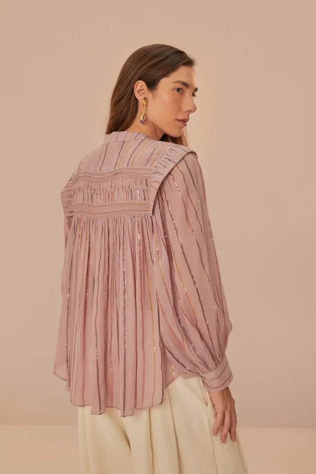 Light Pink Pleated Yoke Long Sleeve Blouse Women FARM Rio Blouses
