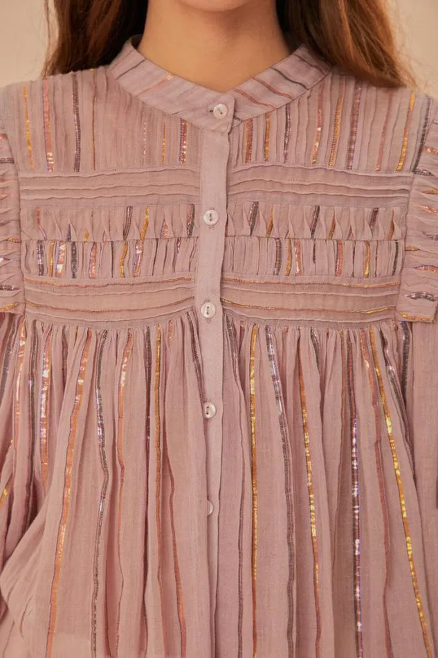 Light Pink Pleated Yoke Long Sleeve Blouse Women FARM Rio Blouses