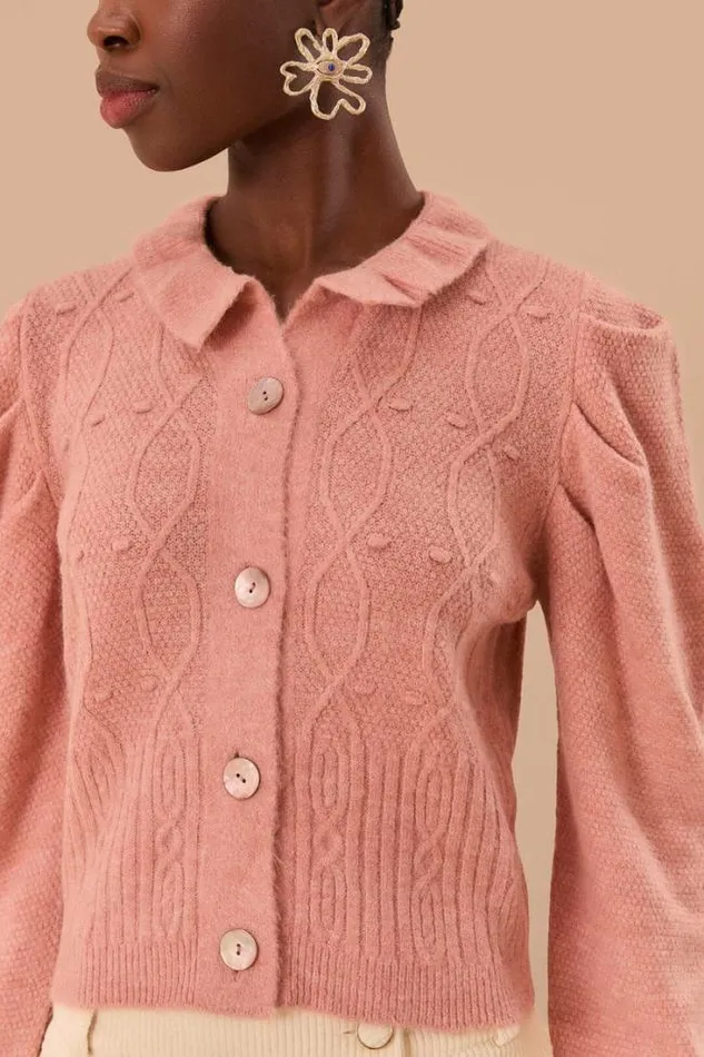 Light Pink Ruffle Knit Cardigan Women FARM Rio Cardigans