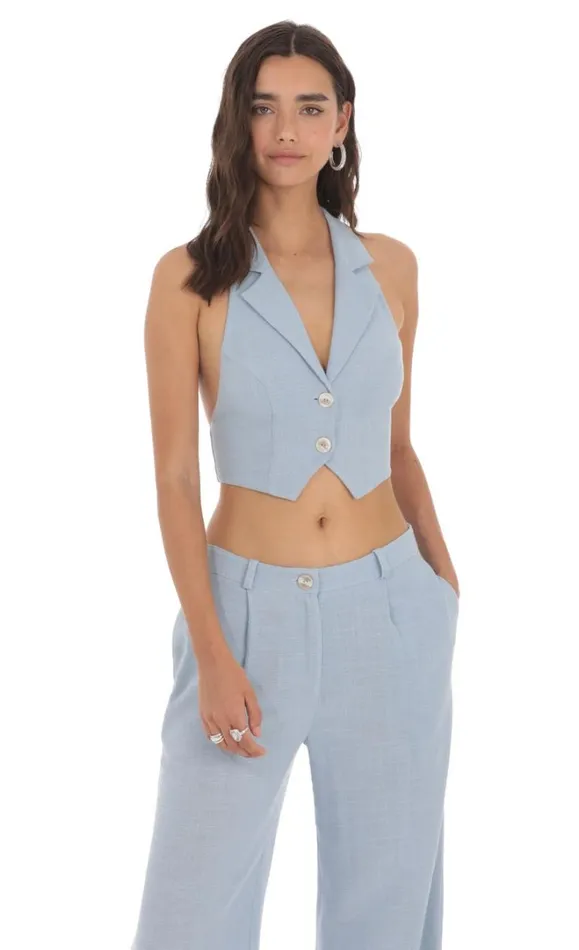 Linen Collared Vest Top Blue Women LUCY IN THE SKY Tops Linen Collared Vest Top Blue Women LUCY IN THE SKY Tops