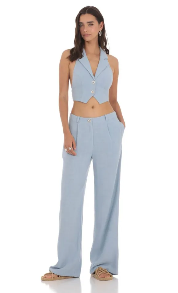 Linen Collared Vest Top Blue Women LUCY IN THE SKY Tops Linen Collared Vest Top Blue Women LUCY IN THE SKY Tops