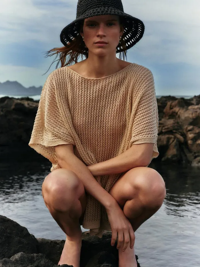 Linen Poncho Cream Women Jigsaw Ponchos and Scarves